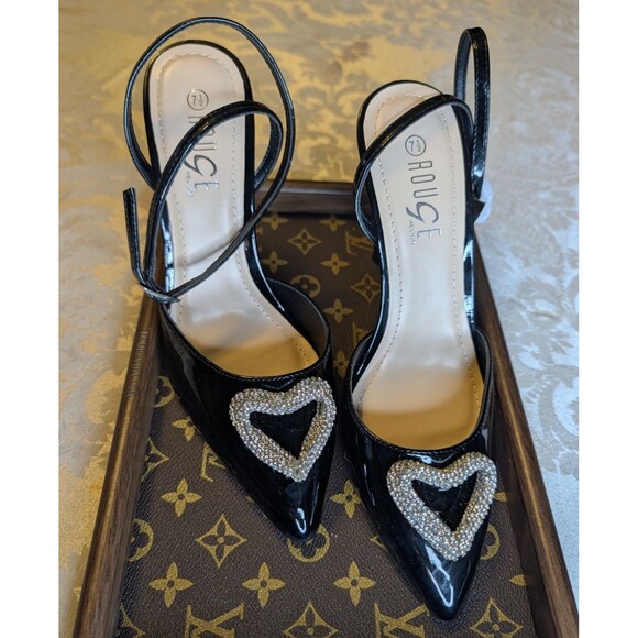 Rouge Shoes - Rouge Black Patent Leather Strappy Pointed Toe Ankle Strap Rhinestone Heart 7.5